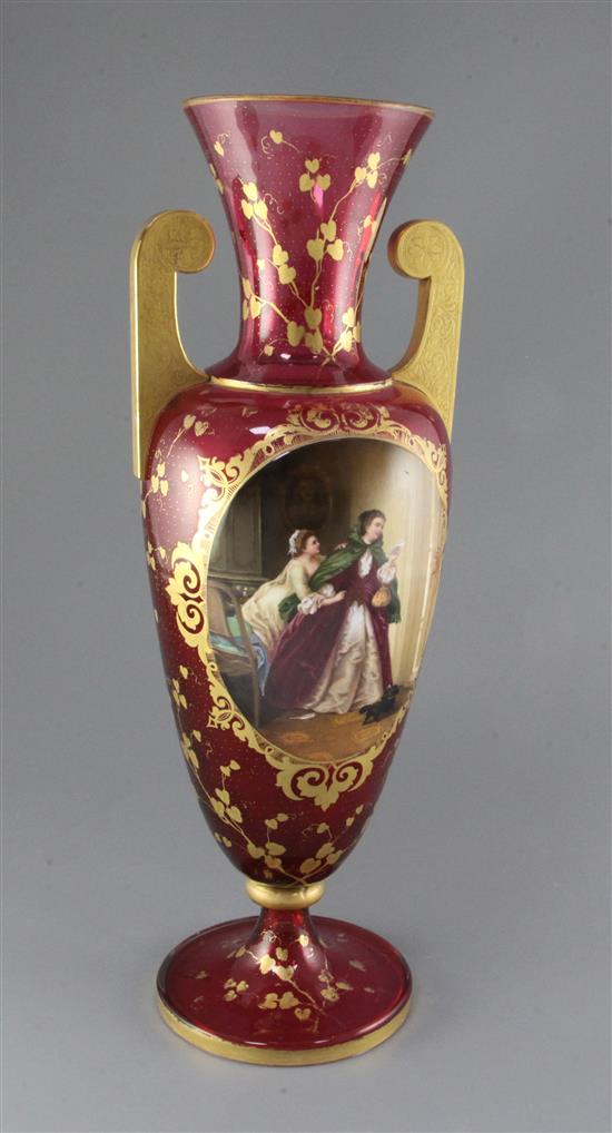 A large Bohemian ruby glass amphora-shaped vase, late 19th century, 47.5cm